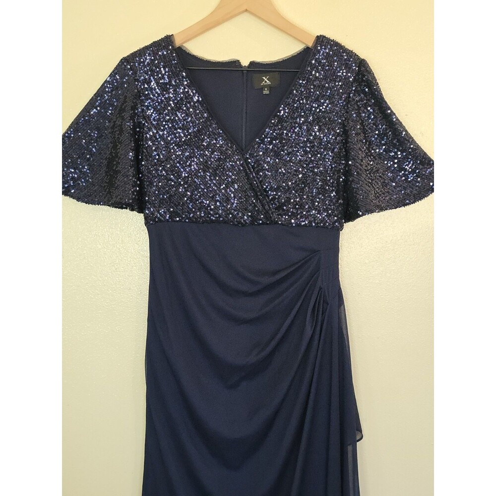 Xscape Navy Blue Sequin Ruffle Chiffon Maxi Dress V-Neck Flutter Sleeve Size 8 - Picture 5 of 11